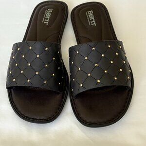 Black slip on sandals with gold studs, size 7M by BORN